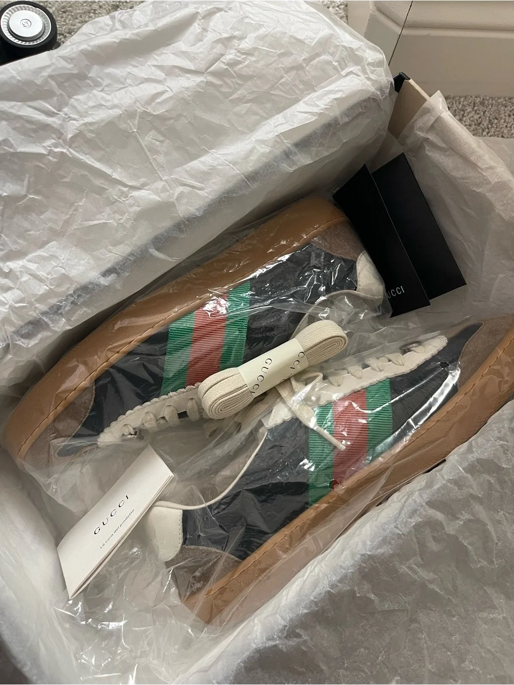 Gucci Black Leather Sneakers with Green & Red Web and Brown Suede Toe